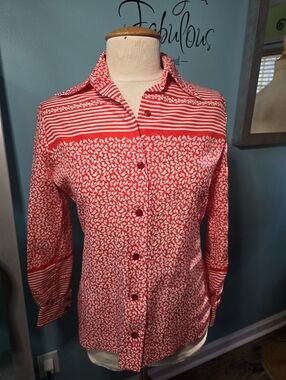 1970's Red Mixed Print Button Front Blouse